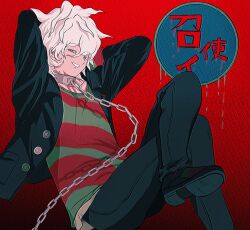 Rule 34 | 1boy, arms behind head, black jacket, chain, chain leash, collar, crossed legs, danganronpa (series), danganronpa 2: goodbye despair, gradient background, highres, invisible chair, jacket, komaeda nagito, leash, looking at viewer, male focus, metal collar, pink eyes, pink hair, red background, shirt, short hair, sitting, solo, striped clothes, striped shirt, translation request, uri ka55