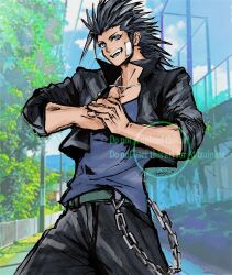 Rule 34 | 1boy, artist name, bandaid, bandaid on cheek, bandaid on face, belly chain, belt, black hair, black jacket, black pants, blue eyes, blue shirt, cowboy shot, cropped jacket, delinquent, final fantasy, final fantasy vii, final fantasy vii ever crisis, green belt, hair slicked back, highres, jacket, jewelry, male focus, medium hair, necklace, official alternate costume, open mouth, outdoors, own hands together, pants, school uniform, shinogu r, shirt, sideburns, smile, solo, tree, zack fair, zack fair (midgard seventh high school)