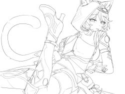 1girl absurdres animal_ears animal_hood boots cat_ears cat_girl cat_hood cat_tail cipher_(honkai:_star_rail) from_behind haikure_3 highres honkai:_star_rail honkai_(series) hood lineart simple_background solo tail tongue tongue_out white_background