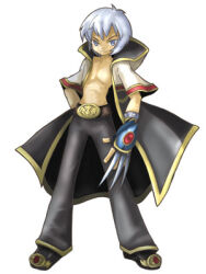 1boy 2000s_(style) artist_request bad_id belt black_coat black_pants black_shoes championship_belt claw_(weapon) closed_mouth coat full_body gold_trim grey_eyes grey_hair hood hooded_coat looking_at_viewer lowres male_focus monk_(ragnarok_online) multicolored_coat official_art open_clothes open_coat pants ragnarok_online red_coat shoes short_hair short_sleeves simple_background smile solo standing weapon white_background white_coat