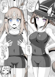 Rule 34 | 3girls, = =, almond eye (umamusume), alternate breast size, animal ears, blue eyes, breasts, brown hair, commentary request, covered navel, emphasis lines, hair ornament, hair rings, hat, horse ears, horse girl, kitasan black (umamusume), kouzuki hajime, long hair, looking at viewer, medium breasts, multiple girls, small breasts, smile, surprised, sweep tosho (umamusume), swimsuit, translation request, umamusume, witch hat