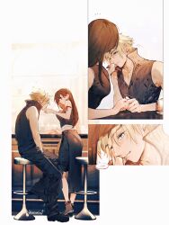 1boy 1girl absurdres apron arm_ribbon bar_(place) bare_shoulders black_apron black_hair black_pants black_shorts black_vest blonde_hair blue_eyes blush breasts close-up closed_mouth cloud_strife commentary counter couple crop_top cup drinking_glass earrings fenrir_(final_fantasy) final_fantasy final_fantasy_vii final_fantasy_vii_advent_children hand_on_another&#039;s_cheek hand_on_another&#039;s_face highres holding_another&#039;s_finger holding_hands indoors jewelry large_breasts long_hair looking_at_another maiii_(smaii_i) midriff_peek multiple_views pants popped_collar red_ribbon ribbon ring shirt short_hair shorts single_earring sitting sleeveless sleeveless_shirt smile spiked_hair spoken_blush standing stud_earrings symbol-only_commentary tank_top tifa_lockhart twitter_username vest waist_apron white_tank_top zipper