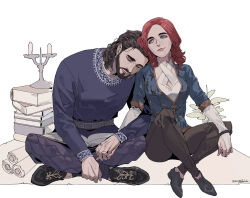 1boy 1girl aqua_eyes beard black_shoes blue_shirt book brown_hair brown_pants byuub couple facial_hair gale_(baldur&#039;s_gate) head_on_another&#039;s_shoulder hetero holding_hands indian_style interlocked_fingers long_hair pants purple_pants purple_shirt red_hair scroll shirt shoes sitting tav_(baldur&#039;s_gate)