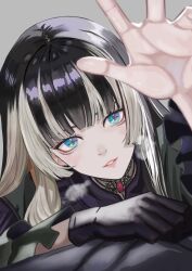 Rule 34 | 1girl, absurdres, arm up, ascot, black ascot, black choker, black gloves, black hair, blonde hair, blonde streaks, blue eyes, blunt bangs, breath, brooch, choker, commentary request, dhbwinner, dress, gem, gloves, green dress, heavy breathing, highres, hime cut, hololive, hololive dev is, jewelry, juufuutei raden, juufuutei raden (1st costume), lace, lace choker, long hair, multicolored hair, outstretched arm, red gemstone, solo, streaked hair, two-tone dress, virtual youtuber