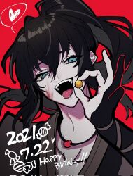 1boy bentuudayo black_gloves black_hair black_hanfu blood blood_on_face blue_eyes candy chinese_clothes dated fangs food gloves hair_between_eyes hand_up hanfu happy_birthday heart high_ponytail highres holding holding_candy holding_food jewelry long_hair looking_at_viewer male_focus modao_zushi necklace ok_sign open_mouth pendant ponytail red_background sidelocks simple_background smile solo speech_bubble spoken_heart teeth tongue tongue_out upper_body xue_yang