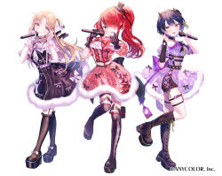 Rule 34 | 3girls, :d, ascot, back bow, belt, black belt, black bow, black dress, black footwear, black gloves, black hair, black horns, blue hair, blush, boots, bow, bow skirt, breasts, frilled thigh strap, brown eyes, brown hair, capelet, commentary request, copyright notice, cross-laced clothes, cross-laced skirt, dress, dress bow, elbow gloves, finger heart, fingerless gloves, frilled gloves, frills, full body, fur-trimmed dress, fur-trimmed skirt, fur trim, gloves, hair over one eye, hair ribbon, head wings, heart, heart belt, highres, holding, holding microphone, horns, kappe reeka, knee boots, lain paterson, large bow, large breasts, legwear garter, long hair, looking at viewer, medium breasts, microphone, multicolored hair, multiple girls, nijisanji, official art, open mouth, parted bangs, pink belt, pink bow, platform boots, platform footwear, pom pom (clothes), ponytail, puffy short sleeves, puffy sleeves, purple bow, red hair, red skirt, ribbon, see-through clothes, see-through gloves, short sleeves, simple background, single elbow glove, single fingerless glove, single fishnet legwear, single glove, single head wing, sister claire, skirt, skirt set, smile, streaked hair, suspender skirt, suspenders, thigh boots, thigh strap, virtual youtuber, white ascot, white bow, white capelet, white gloves, wings, yamagami karuta, yellow eyes, yellow ribbon