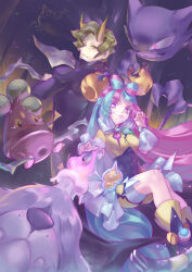 1boy 1girl absurdres alternate_costume black_bodysuit bodysuit bonsly boots brassius_(pokemon) commentary_request covered_navel creatures_(company) game_freak gen_1_pokemon gen_4_pokemon greavard green_hair grin hand_up haunter highres holding holding_whip horns iono_(pokemon) jacket long_hair maigandayo multicolored_hair night nintendo outdoors pink_hair pokemon pokemon_(creature) pokemon_sv purple_jacket rotom rotom_(normal) short_hair smile teeth twintails two-tone_hair wrist_cuffs yellow_boots