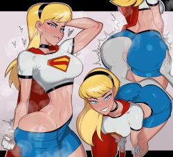 1girl black_choker black_hairband blonde_hair blue_eyes blue_skirt breasts cape choker commentary crop_top dc_animated_universe dc_comics english_commentary grin hairband highres large_breasts long_hair looking_at_viewer minicop2001 miniskirt multiple_boys multiple_views print_shirt red_cape shirt short_sleeves skirt smile supergirl superman:_the_animated_series superman_(series) white_shirt