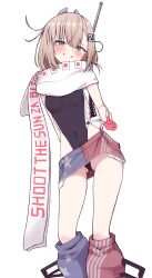 Rule 34 | 1girl, absurdres, american flag, american flag print, american flag skirt, black one-piece swimsuit, blush, commentary request, denim, denim skirt, feet out of frame, flag print, gloves, grey eyes, grey hair, hair ornament, headgear, highleg, highleg one-piece swimsuit, highres, japanese flag, kantai collection, kill markings, long hair, looking at viewer, one-piece swimsuit, print skirt, profanity, pulling own clothes, red gloves, scarf, simple background, skirt, smile, solo, super highleg, swimsuit, tiemu (man190), two-tone one-piece swimsuit, wahoo (kancolle), wahoo kai (kancolle), white background, white scarf