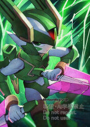 1boy armor cable dual_wielding energy_sword facial_mark forehead_jewel green_armor green_eyes green_helmet head_wings helmet holding holding_sword holding_weapon male_focus mechanical_wings mega_man_(series) mega_man_zero_(series) sage_harpuia_(mega_man) solo sword twitter_username watermark weapon wings yamanashi_taiki