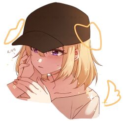 2girls apron bang_dream! bang_dream!_it&#039;s_mygo!!!!! baseball_cap bgd_3rd black_hat blonde_hair blush collarbone commentary_request drawn_ears drawn_tail hand_on_another&#039;s_cheek hand_on_another&#039;s_face hat medium_hair misumi_uika multiple_girls purple_eyes shirt sidelocks simple_background solo_focus togawa_sakiko translation_request upper_body white_background white_shirt yuri