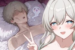 Rule 34 | 1boy, 1girl, blue pupils, blush, breasts, caelus (honkai: star rail), commentary, dehydrated, exhausted, firefly (honkai: star rail), ghost, giving up the ghost, grey hair, guy tired after sex (meme), honkai: star rail, honkai (series), implied after sex, long hair, looking at viewer, meme, multicolored eyes, pillow, purple eyes, raymnd, satisfied, smile, sunken cheeks, sweat, symbol-only commentary, trailblazer (honkai: star rail), two-tone eyes, v