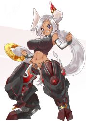 1girl abs animal_ears armor armored_boots bandages boots breasts cow_ears cow_tail dark-skinned_female dark_skin female_focus horns large_breasts long_hair low_ponytail naka_akira ponytail purple_eyes silver_hair solo tail toned very_long_hair