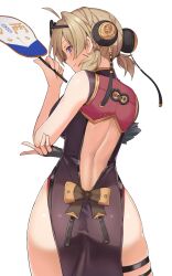1girl ahoge ass back_bow back_cutout bare_arms bare_shoulders black-framed_eyewear black_bow black_dress black_gloves blonde_hair bow breasts bun_cover china_dress chinese_clothes closed_mouth clothing_cutout commentary_request cowboy_shot dress eyewear_on_head fingerless_gloves from_behind gloves hair_between_eyes hand_fan hand_on_own_elbow hands_up highres holding holding_fan large_breasts looking_at_viewer looking_back median_furrow pelvic_curtain profile purple_eyes red_dress shiro_maru short_hair short_twintails sideways_glance simple_background single_fingerless_glove single_glove skindentation sleeveless sleeveless_dress smile solo standing sunglasses sweety_(zenless_zone_zero) thigh_strap tinted_eyewear tuanshan twintails two-tone_bow two-tone_dress white_background yellow-tinted_eyewear yellow_bow zenless_zone_zero