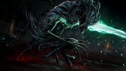 1boy absurdres blood blood_on_ground bloodborne boss_fight claws commentary commentary_request english_commentary extra_legs greatsword green_eyes highres holding holding_sword holding_weapon indoors ludwig_the_accursed mixed-language_commentary monster monster_boy moonlight_greatsword sword weapon xoo_(pixiv_100957810)
