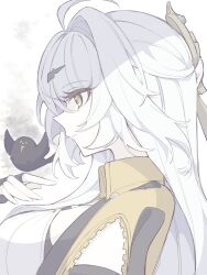 1girl absurdres ahoge bird black_bird breasts fingerless_gloves gloves hair_ornament highres large_breasts long_hair portrait profile single_hair_intake solo vest white_hair yellow_eyes yellow_vest yixuan_(zenless_zone_zero) zenless_zone_zero zzzii0