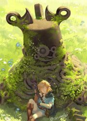 Rule 34 | 1boy, belt, belt buckle, black cape, blonde hair, blue flower, blue tunic, boots, brown boots, buckle, cape, chest belt, closed eyes, commentary, field, flower, grass, guardian (zelda), hashtag-only commentary, holding, holding sword, holding weapon, ivy, knee up, leaf, link, male focus, moss, natsuyon, nintendo, pants, parted bangs, plant, pointy ears, sitting, sleeping, sword, the legend of zelda, the legend of zelda: breath of the wild, tunic, twitter username, weapon, white flower, white pants