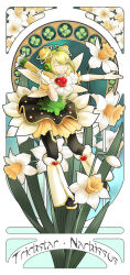 Rule 34 | 1girl, art nouveau, black pantyhose, breasts, clenched teeth, double bun, dress, duel monster, flower, gloves, green eyes, gun, hair bun, headphones, highres, holding, holding gun, holding weapon, idol, idol clothes, looking at viewer, medium breasts, one eye closed, pantyhose, parted lips, pink flower, puffy short sleeves, puffy sleeves, short hair, short sleeves, smile, solo, teeth, trickstar narkissus, weapon, white gloves, xix06, yu-gi-oh!