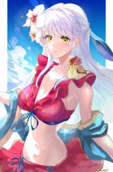 1girl bare_shoulders bikini bikini_skirt blush breasts cleavage closed_mouth collarbone fire_emblem fire_emblem:_radiant_dawn fire_emblem_heroes flower front-tie_top grey_hair hair_flower hair_ornament hair_ribbon hibiscus highres long_hair looking_at_viewer medium_breasts micaiah_(fire_emblem) micaiah_(wavecrest_maiden)_(fire_emblem) nanashi_kuno navel nintendo off-shoulder_bikini off_shoulder official_alternate_costume red_bikini ribbon smile solo stomach swimsuit wet yellow_eyes