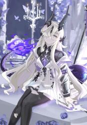 Rule 34 | 1girl, arknights, black horns, black shirt, black tail, black thighhighs, blonde hair, chinese commentary, closed mouth, collared shirt, commentary, diamond-shaped pupils, diamond (shape), feet out of frame, fire, flame-tipped tail, grey eyes, hair over one eye, highres, horns, long hair, long sleeves, looking at viewer, necrass (arknights), one eye covered, purple fire, shirt, sitting, sketch background, smile, solo, split mouth, symbol-shaped pupils, thighhighs, torn clothes, torn thighhighs, zayla lun (mayo hx)