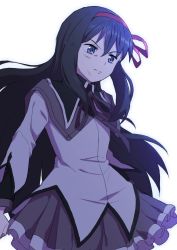 Rule 34 | 1girl, akemi homura, akemi homura (magical girl), black hair, dirty, dirty face, highres, long hair, looking away, magical girl, mahou shoujo madoka magica, mahou shoujo madoka magica (anime), purple eyes, red ribbon, ribbon, rv (gvdn7245), simple background, solo, white background