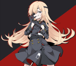 1girl biting black_dress black_gloves black_skirt blonde_hair blue_eyes dress eyepatch flat_chest biting_glove gloves goddess_of_victory:_nikke grin guillotine_(nikke) half_gloves highres long_hair looking_at_viewer military_uniform skirt smile solo tu_pa_pa_pa wavy_hair