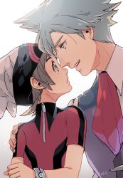 2boys bad_id bad_pixiv_id beanie bracelet brendan_(pokemon) brown_hair collared_shirt commentary_request creatures_(company) eye_contact eyelashes game_freak grey_eyes grey_hair grey_headwear hand_on_another&#039;s_shoulder hat jacket jewelry looking_at_another male_focus multiple_boys necktie nintendo parted_lips pokemon pokemon_oras shirt short_hair short_sleeves smile steven_stone teeth upper_body upper_teeth_only vest xichii zipper_pull_tab