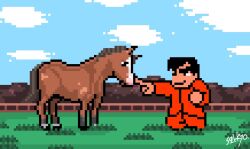 1boy artist_name black_hair commentary_request grass horse horse_racing_track jinno_shigure kunio-kun_series long_sleeves meisho_doto_(racehorse) on_grass outdoors pants pixel_art real_life red_pants red_shirt shirt signature thick_eyebrows toudou_mamoru