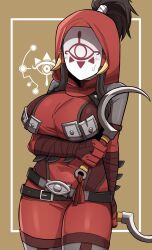 1girl arm_blade arm_under_breasts belt black_hair bodysuit breasts cowboy_shot dual_wielding hair_through_headwear high_ponytail highres holding holding_sickle hood hood_up large_breasts long_hair mask multiple_belts nintendo ponytail red_bodysuit sickle sidelocks solo sung08ko sweatdrop the_legend_of_zelda the_legend_of_zelda:_breath_of_the_wild the_legend_of_zelda:_tears_of_the_kingdom weapon yiga_clan yiga_clan_footsoldier