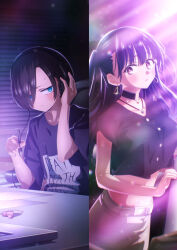 Rule 34 | 1boy, 1girl, absurdres, artist request, black hair, black shirt, blue eyes, blush, boku no kokoro no yabai yatsu, brown eyes, chair, closed mouth, collarbone, cropped shirt, earrings, eyes visible through hair, hair over one eye, hand on headphones, headphones, highres, holding, holding pen, ichikawa kyoutarou, indoors, jewelry, key visual, long hair, necklace, nude, official art, on chair, parted lips, pearl choker, pen, pencil skirt, print shirt, promotional art, ringed eyes, shirt, short hair, short sleeves, sitting, skirt, skull necklace, standing, t-shirt, table, triangle earrings, twintails, white skirt, yamada anna