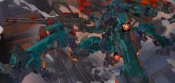 Rule 34 | absurdres, armored core, armored core vi: fires of rubicon, commentary, english commentary, gatling gun, glowing, glowing eyes, gun, highres, holding, holding gun, holding weapon, liger tail (armored core), looking at viewer, mecha, mecha focus, no humans, nslacka, red eyes, robot, science fiction, tetrapod, weapon