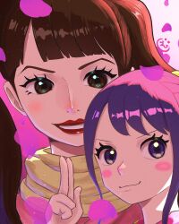Rule 34 | 2girls, brown eyes, brown hair, closed mouth, falling petals, highres, kurozumi tama, multiple girls, one piece, onepiece banbi, petals, purple eyes, purple hair, red lips, shinobu (one piece), smile, twintails