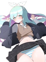 Rule 34 | 1girl, absurdres, artist request, black jacket, black skirt, blue eyes, blue hair, blue panties, blue ribbon, blush, brown sweater vest, closed mouth, clothes lift, collared shirt, colored inner hair, commission, hairband, highres, jacket, long hair, long sleeves, looking at viewer, lying, multicolored hair, navel, neck ribbon, on back, open clothes, open jacket, original, panties, purple hair, ribbon, second-party source, shirt, simple background, skirt, skirt lift, solo, star-shaped pupils, star (symbol), striped clothes, striped panties, sweater vest, symbol-shaped pupils, underwear, white background, white hairband, white panties, white shirt