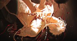 2boys absurdres black_hair blood broken_necklace cpr curtained_hair demon_horns hands_on_another&#039;s_chest highres horns impaled injury interlocked_fingers jewelry kim_dokja kneeling lying male_focus multiple_boys necklace no_shirt omniscient_reader&#039;s_viewpoint on_back one_eye_covered open_mouth pearl_necklace red_eyes red_ribbon ribbon severed_arm severed_limb spikes string_of_pearls tack_ka_2_0 veins white_hair yoo_joonghyuk