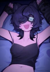 @_@ animal_ears black_camisole black_hair blush breasts camisole ear_piercing earrings hand_warmer highres jewelry lying midriff multiple_earrings navel navel_piercing on_back on_bed original piercing raccoon_ears raccoon_girl snuffy_(vtuber) virtual_youtuber yoako