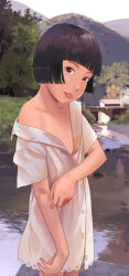 1girl absurdres anyannko blunt_bangs blunt_ends bob_cut brown_eyes building buttons dress flat_chest grass head_tilt highres hill loli looking_at_viewer mole mole_under_mouth naughty_face original outdoors paid_reward_available partially_unbuttoned river riverbank short_dress short_hair short_sleeves single_bare_shoulder solo tongue tongue_out undressing water white_dress