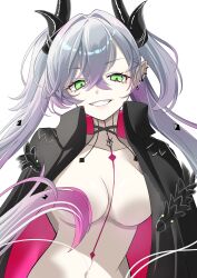 1girl absurdres black_jacket breasts convenient_censoring fate/grand_order fate_(series) green_eyes highres horns jacket long_hair looking_at_viewer naked_jacket navel nigori_(keydoor) ordeal_call_servant_(female) pointy_ears smile solo twintails white_background white_hair