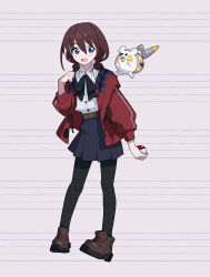 1girl black_pantyhose blue_eyes blue_skirt brown_hair brown_shoes chinese_commentary collared_shirt commentary_request dress_shirt full_body gen_7_pokemon girls_band_cry hair_between_eyes highres holding holding_poke_ball iseri_nina jacket low_twintails nintendo open_clothes open_jacket open_mouth pantyhose pleated_skirt poke_ball pokemon pokemon_(creature) red_jacket shirt shoes short_hair short_twintails skirt solo togedemaru twintails white_shirt yun_cao_bing