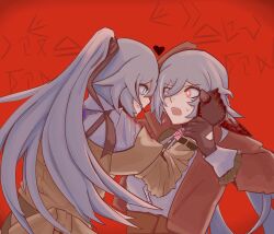 Rule 34 | absurdres, alternate costume, belt, blood, blood on face, blue eyes, blue hair, brown belt, brown gloves, brown headwear, brown jacket, ceoofyatta, coattails, detective, fu hua, fu hua (hawk of the fog), fu hua (hawk of the fog), herrscher of sentience, fu hua (valkyrie accipiter), gloves, grey hair, hair between eyes, hand on another&#039;s arm, hat, heart, high ponytail, highres, holding, holding knife, holding weapon, honkai (series), honkai impact 3rd, jacket, knife, long hair, long sleeves, multicolored hair, object on head, off shoulder, official alternate costume, open clothes, open jacket, open mouth, ponytail, red background, red eyes, shirt, streaked hair, sweat, weapon, white hair, white shirt, yellow pupils