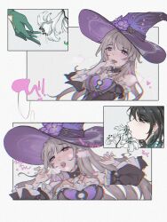 2girls bare_shoulders blue_eyes blush brown_hair chinese_commentary commentary_request detached_sleeves ear_blush fang flower gloves green_gloves grey_hair hat herta_(honkai:_star_rail) highres honkai:_star_rail honkai_(series) implied_cunnilingus implied_fingering lily_(flower) long_hair multiple_girls open_mouth ovo_(user_fkke4228) purple_eyes purple_hat pussy_juice ruan_mei_(honkai:_star_rail) skin_fang symbolism the_herta_(honkai:_star_rail) white_flower witch_hat yuri