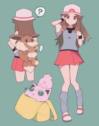 ... 1girl 343rone ? absurdres backpack bag blue_shirt blue_socks brown_bag brown_eyes brown_hair character_bag commentary_request creatures_(company) eevee from_behind game_freak gen_1_pokemon gen_2_pokemon green_background hair_flaps hand_in_own_hair hat highres igglybuff in_bag in_container jigglypuff leaf_(pokemon) long_hair looking_at_viewer loose_socks messenger_bag miniskirt multiple_views nintendo pleated_skirt pokemon pokemon_(creature) pokemon_frlg red_skirt shirt shoulder_bag skirt socks solo_focus spoken_question_mark standing white_footwear white_headwear yellow_bag