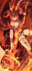 1girl absurdres armlet armor ashamutoki bare_shoulders black_bow bodysuit boots bow breastplate breasts commentary floating_hair hair_between_eyes hair_bow hair_ornament hairband highres holding holding_polearm holding_weapon jewelry long_hair looking_at_viewer lupa_(wuthering_waves) medium_breasts metal_hairband multiple_hair_bows open_mouth polearm red_hair red_pupils smile solo tail thigh_boots v-shaped_eyebrows weapon white_bodysuit white_boots wolf_tail wuthering_waves yellow_eyes