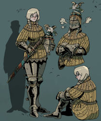 1girl animal animal_on_head armor blonde_hair blue_background blue_eyes blush braid commentary crossed_arms english_commentary gauntlets goat greaves height_mark helmet highres ho-uja holding holding_helmet holding_sword holding_weapon horn_(instrument) horns knight korean_commentary looking_at_another medieval medium_hair mixed-language_commentary multiple_views nose_blush on_head original sheath sheathed simple_background sitting sword twin_braids weapon