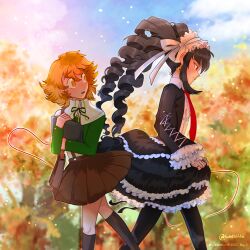 1boy 1girl :o absurdres artist_name bag black_hair black_jacket black_pantyhose black_skirt blue_sky brown_skirt celestia_ludenberg center_frills commentary danganronpa:_trigger_happy_havoc danganronpa_(series) day drill_hair earrings english_commentary feet_out_of_frame frills from_side fujisaki_chihiro gothic_lolita green_jacket headdress highres holding holding_bag jacket jewelry layered_skirt lolita_fashion long_hair long_sleeves looking_at_another miniskirt open_clothes open_jacket orange_eyes orange_hair outdoors pantyhose short_hair skirt sky trap twin_drills twinklelitchii twintails
