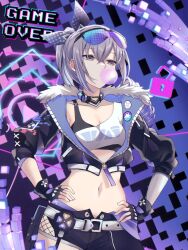 1girl belt black_gloves black_jacket black_shorts black_sports_bra blowing_bubbles breasts choker cleavage collarbone crop_top cropped_jacket eyewear_on_head fingerless_gloves fishnets fur-trimmed_jacket fur_trim gloves grey_eyes grey_hair hair_ribbon highres honkai:_star_rail honkai_(series) jacket long_hair midriff navel puffy_sleeves revision ribbon saint_laurent_paris shirt short_shorts shorts silver_wolf_(honkai:_star_rail) single-shoulder_shirt solo sports_bra stomach sunglasses white_belt white_shirt