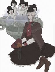 1girl ascot bloodborne bodice bonnet boots brooch brown_cloak cloak doll_joints fingerless_gloves flower fountain frilled_skirt frills full_body giganticbuddha gloves hat highres holding holding_unworn_clothes holding_unworn_hat jewelry joints lace-up_boots long_sleeves medium_hair messengers_(bloodborne) multiple_others parted_bangs plain_doll red_ascot red_gloves sidelocks sitting skirt smile top_hat unworn_hat unworn_headwear white_background yellow_eyes