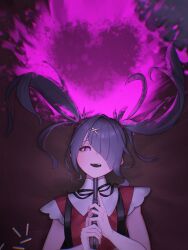 1girl :d absurdres aiming ame-chan_(needy_girl_overdose) black_eyes black_hair black_ribbon blood blood_splatter bullet collared_shirt commentary diagonal_bangs english_commentary gun gun_to_head hair_ornament hair_over_one_eye hair_spread_out handgun heart heart_in_eye highres holding holding_gun holding_weapon long_hair looking_at_viewer lying neck_ribbon needy_girl_overdose on_back open_mouth pink_blood red_shirt ribbon shirt sioell smile solo suicide suspenders symbol_in_eye twintails upper_body weapon x_hair_ornament