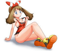 Rule 34 | 1girl, areola slip, bare shoulders, blue eyes, blush, bow, breasts, brown hair, cleavage, clothes lift, creatures (company), full body, game freak, hair bow, looking at viewer, may (pokemon), medium breasts, nintendo, ossannoa, pokemon, pokemon oras, red bow, red shirt, shirt, shirt lift, shoes, shorts, sideboob, sitting, sleeveless, sleeveless shirt, solo, sweatdrop, unworn shorts, white background, yellow shoes