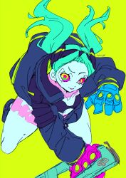 1girl angry aqua_eyes black_jacket bra colored_sclera cowboy_shot cyberpunk_(series) cyberpunk_edgerunners cyborg ewoageruyobemo green_eyes highres holding holding_weapon jacket joints leg_tattoo long_hair neck_tattoo open_clothes open_jacket rebecca_(cyberpunk) red_sclera revealing_clothes samurai_jacket_(cyberpunk) simple_background smile solo standing strapless strapless_bra tattoo underwear weapon wide_hips yellow_background