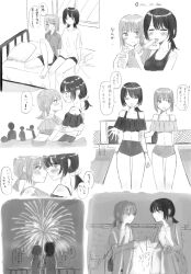 Rule 34 | 2girls, 4others, aerial fireworks, bikini, blush, closed mouth, commentary request, fireworks, food, greyscale, hand on another&#039;s arm, highres, holding, holding fireworks, hug, indoors, monochrome, multiple girls, multiple others, night, on bed, ono or ohno, original, outdoors, partially submerged, ponytail, popsicle, shorts, sitting, sparkler, speech bubble, sweat, swimsuit, tongue, tongue out, translation request, yuri